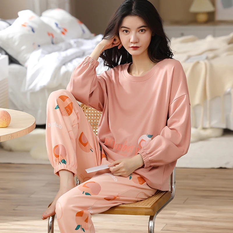 Spring Thin 2pieces Pyjamas Set Women Tops 2024 Cotton Round Neck Girls Pajamas Sets Printed Sleepwear Clothes Pijamas Mujer