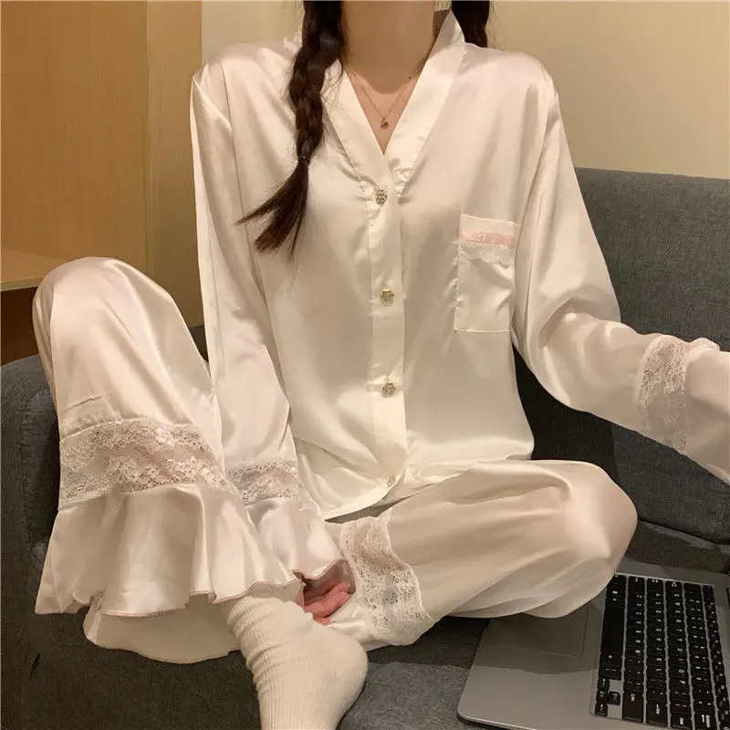 2pcs Silk White Elegant Casual Women Lady Satin Pajamas Set Pyjama Sleepwear Nightwear Loungewear Homewear Set Woman 2 Pieces