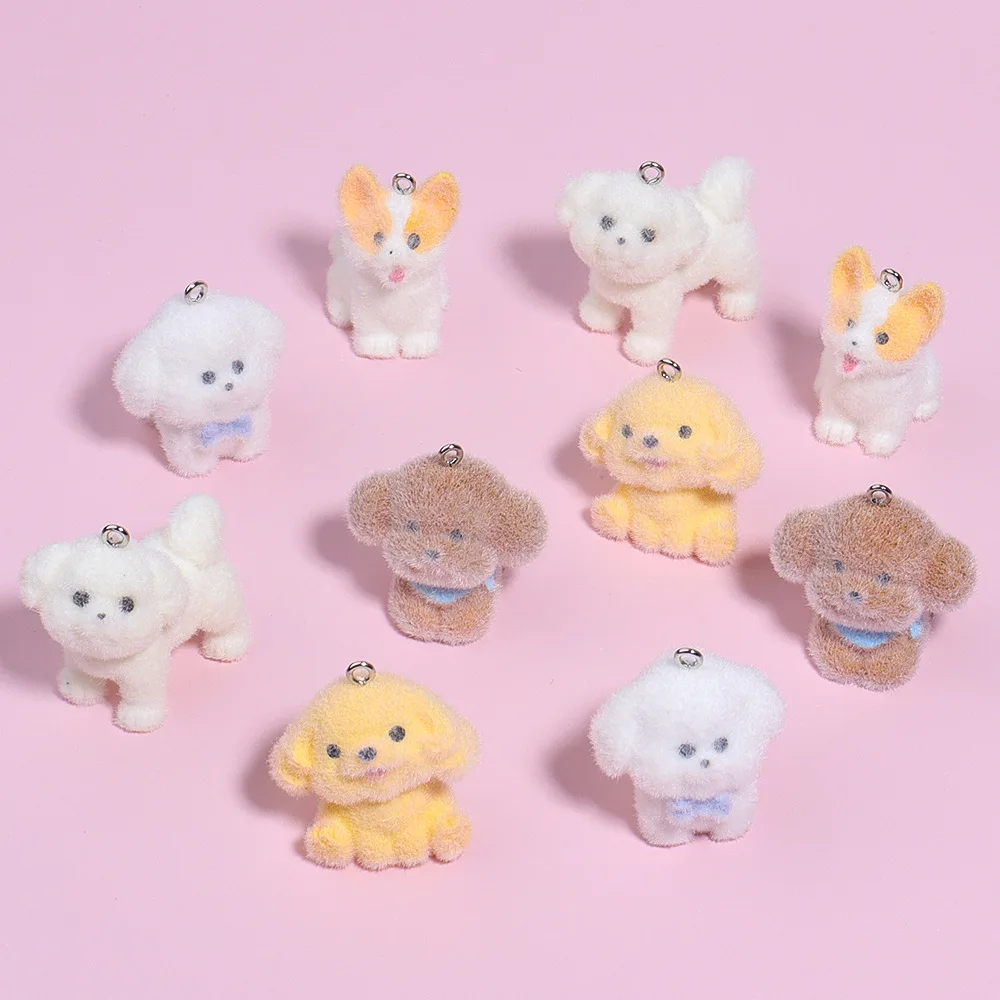 20Pcs 3D Cute Corgi Teddy Pendant Fluffy Flocking Animal Doll Charms wholesale Keychain Necklace Pendant DIY Crafts Jewelry Make
