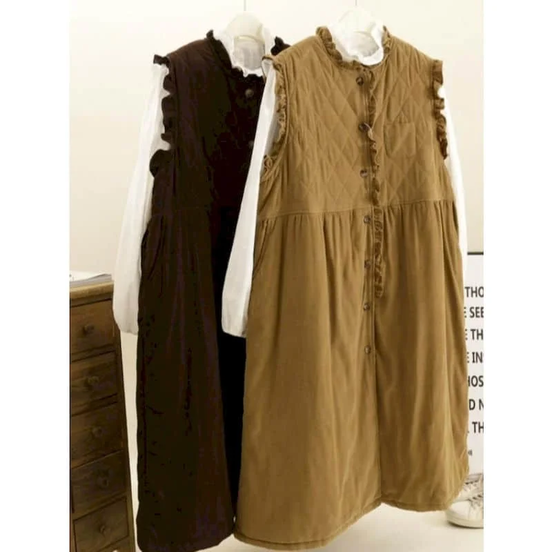 

Corduroy Sundress for Women Solid Autumn and Winter Sleeveless Casual Streetwear Korean Style Oversized Retro Mid-Length Dress