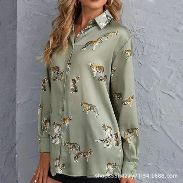 Spring Autumn Women Lapel Tiger Pattern Printed Long Sleeved Shirt Elegant Turn Collar Shirts And Blouses