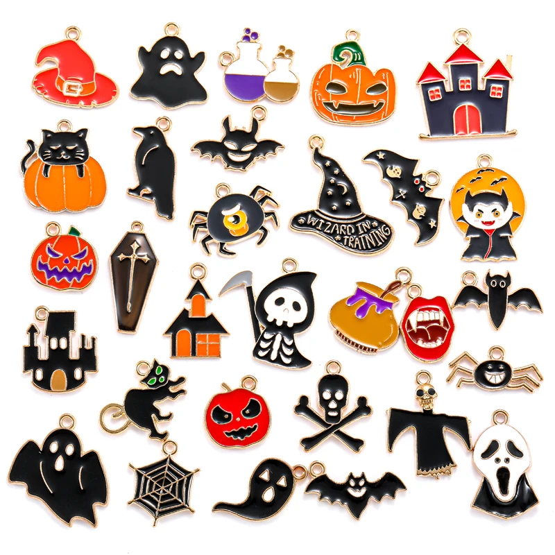 5pcs Enamel Grave Ghost Pumpkin Bat Vampire Castle Charms Halloween Pendant For DIY Jewelry Making Handcrafted Accessories W277