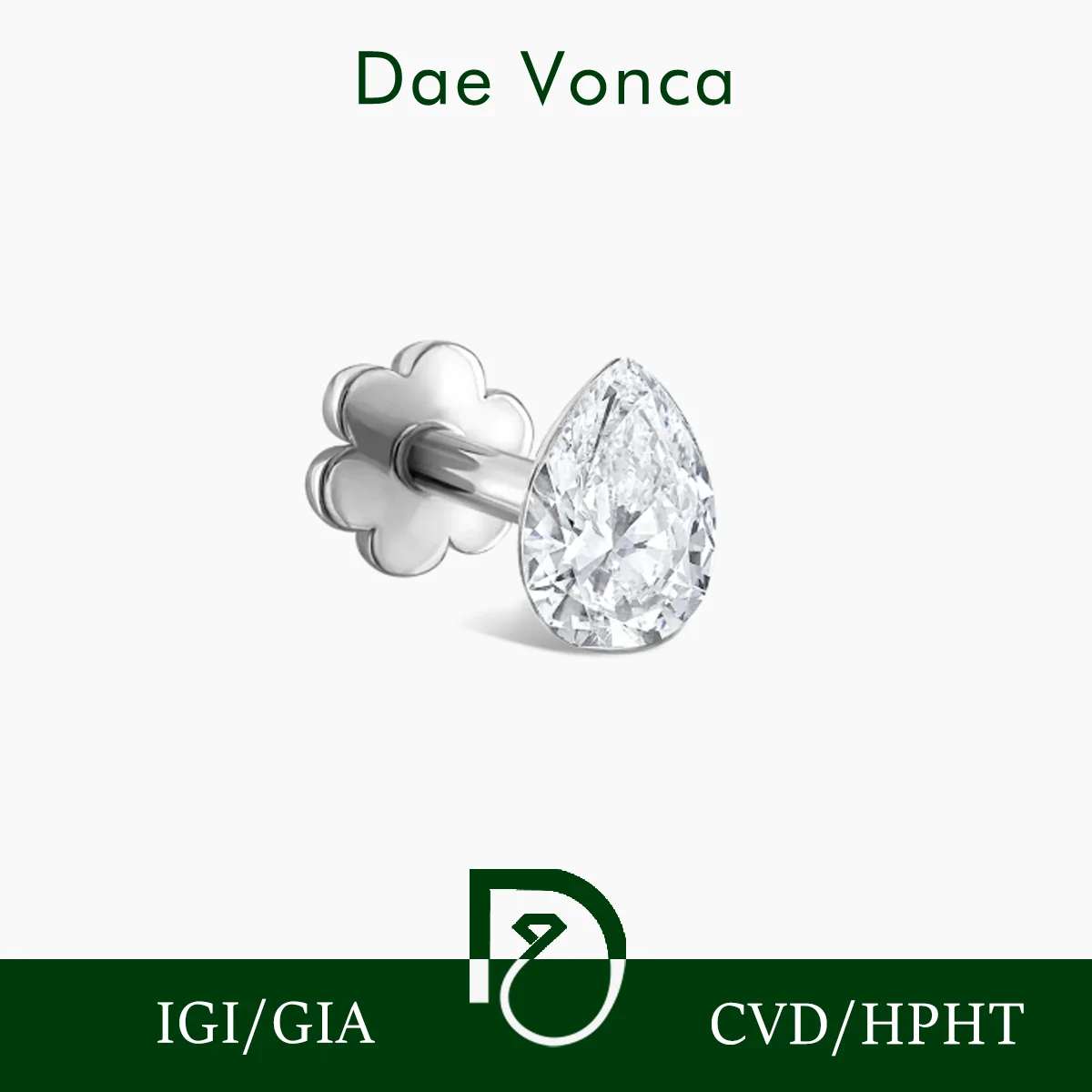 Invisible Setting Lab Diamond Single Earring 9K/14K/18K White Gold Lab Grown Pear Cut Diamond Threaded Stud Earring Fine Jewelry