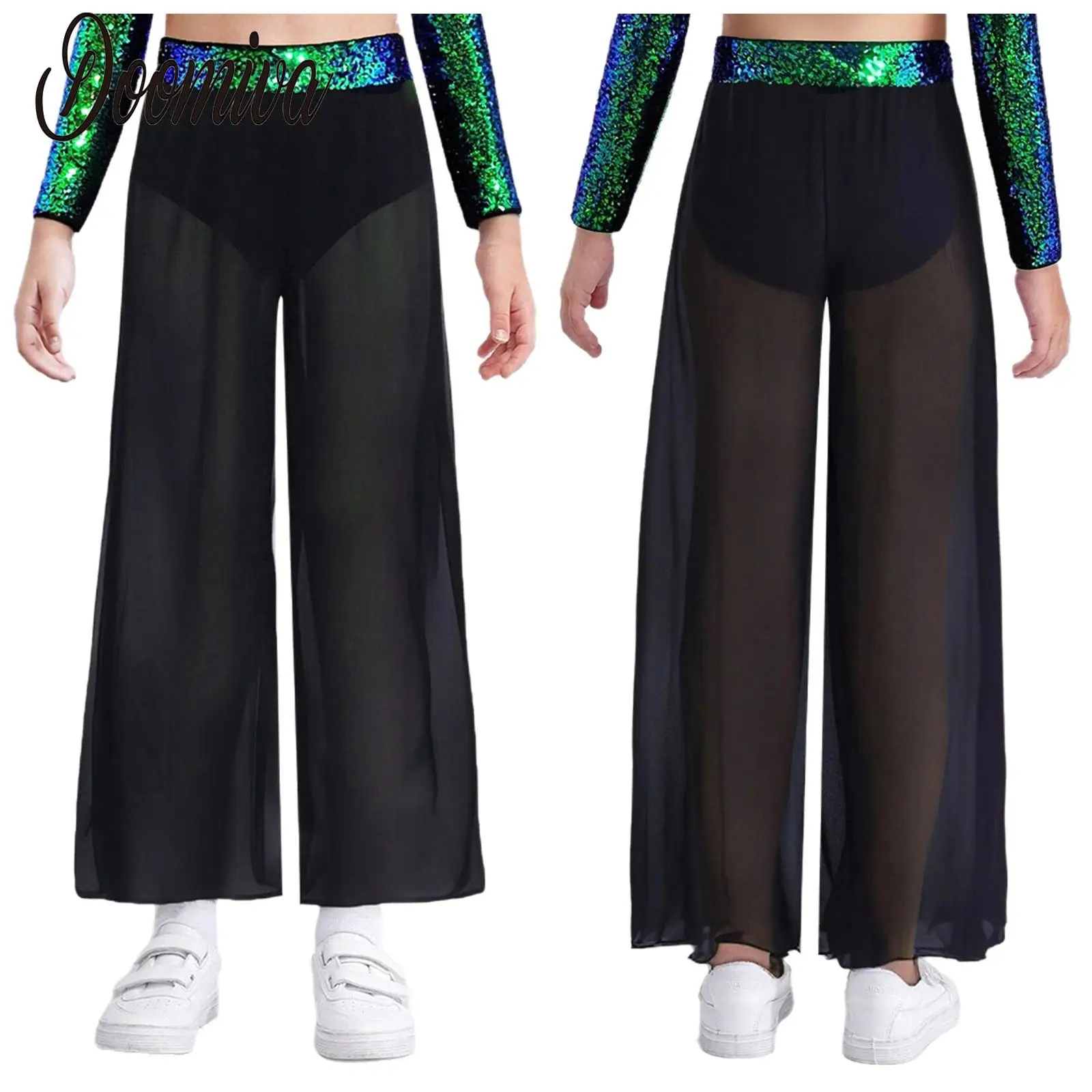 Dziecięce dziewczęce spodnie do tańca lirycznego, baletu, jazzu, kostium taneczny, szyfonowe spodnie z szerokimi nogawkami i rozcięciem z boku, długie spodnie do tańca, ubrania na występy sceniczne.