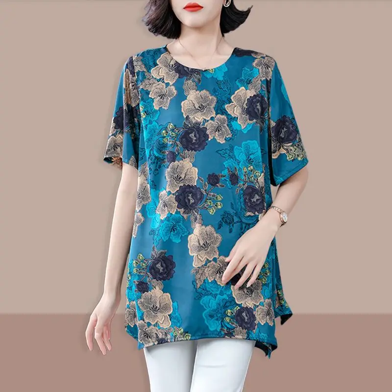 Oversized 6XL Flower Print T-Shirt Summer Fashion Women Clothing Casual Loose Pullover Korean Ladies Elegant O-Neck Vintage Tops