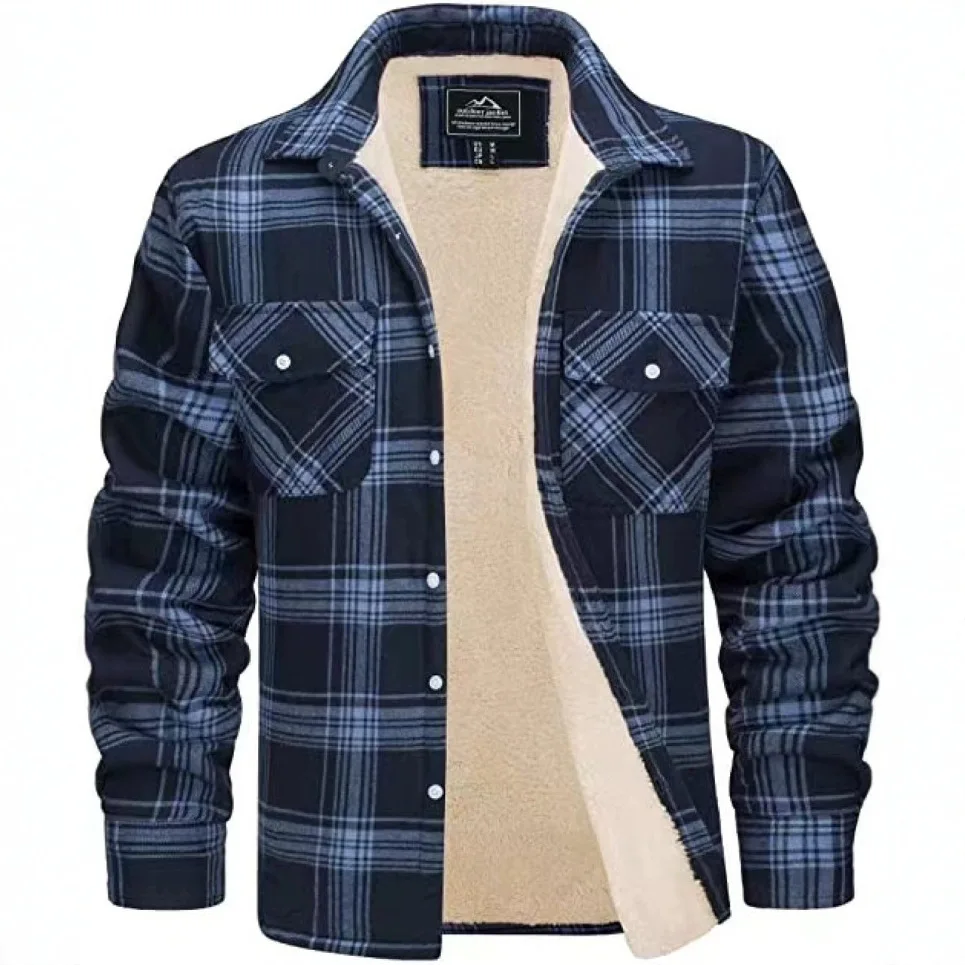 Men's Casual Flannel Jacket Autumn Winter Thickened Warm Loose Fit Plaid Collar Coat American Style Long Sleeve Cotton Blend