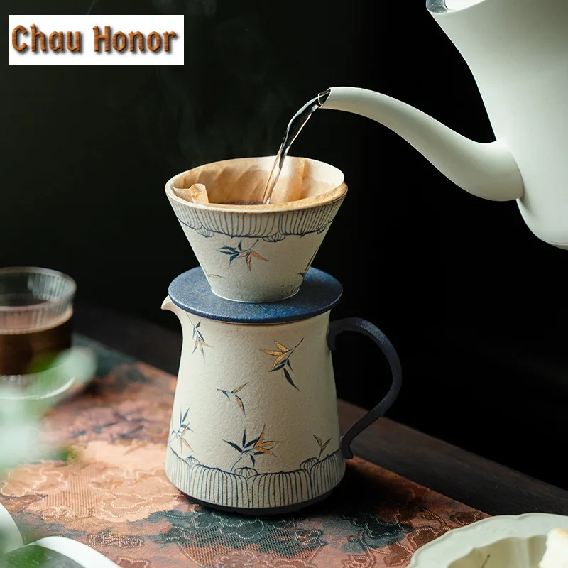 Handmade Gold Drawing Bamboo Coffee Cone Shape Drip Hand Brewing Coffee Filter Funnel Cup Coffee Dripper Pour Over Barista Mugs