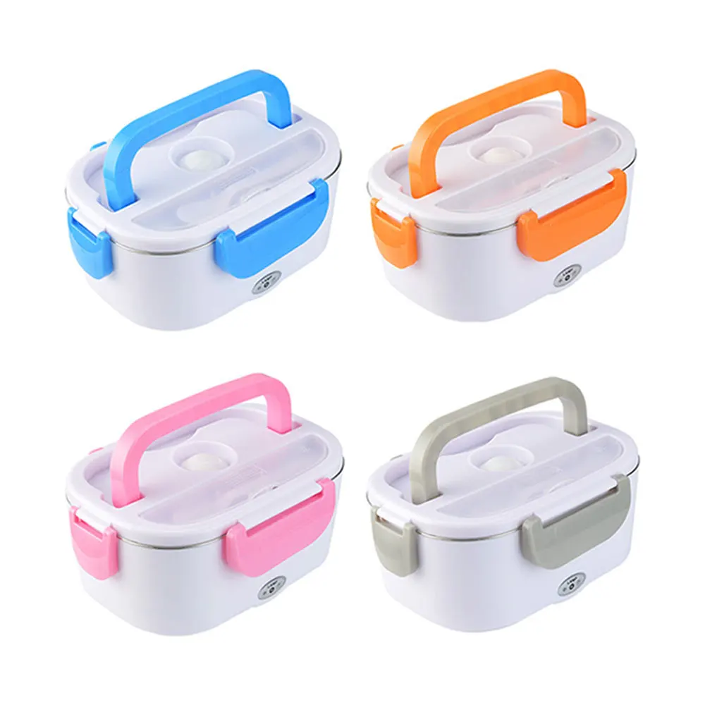 Pink/Blue/Silver gray/Orange Portable Car Electric Heating Lunch Box Stainless Steel Lunch Box 2 in 1 Home Auto Dinnerware Set