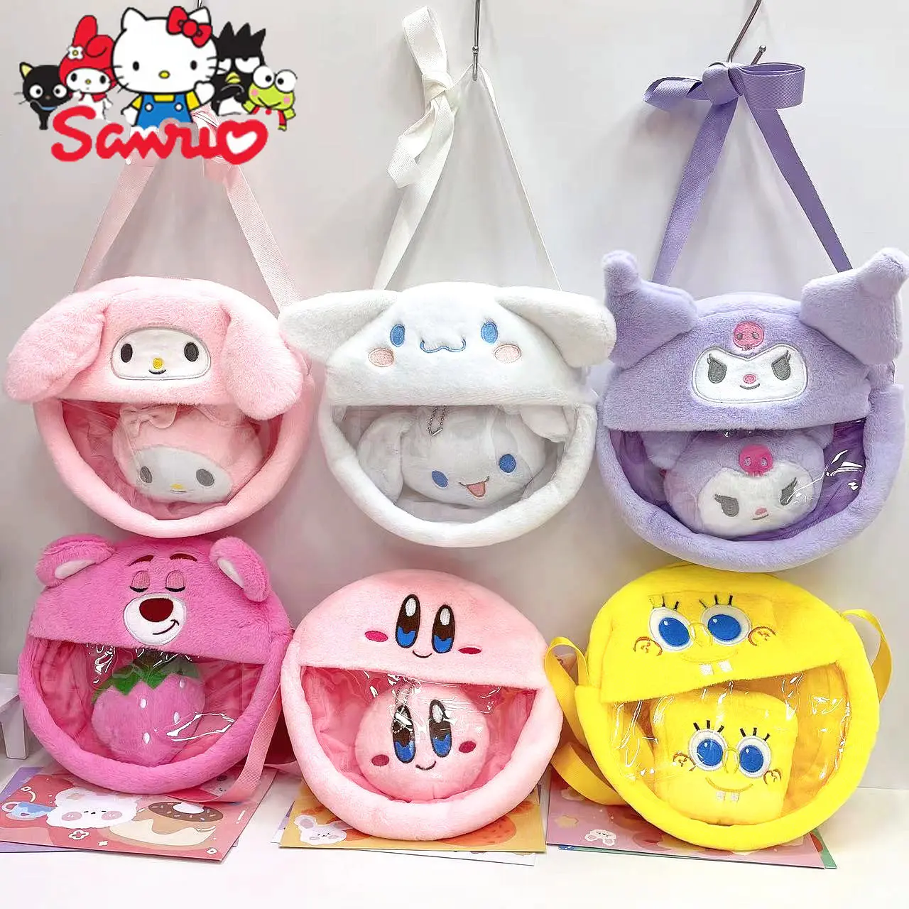 Sanrio Kuromi Melody Cinnamoroll Kirby Diagonal Bag Japanese Cartoon 20CM Plush Toy Cartoon Doll Crossbody Soft Toy for Children