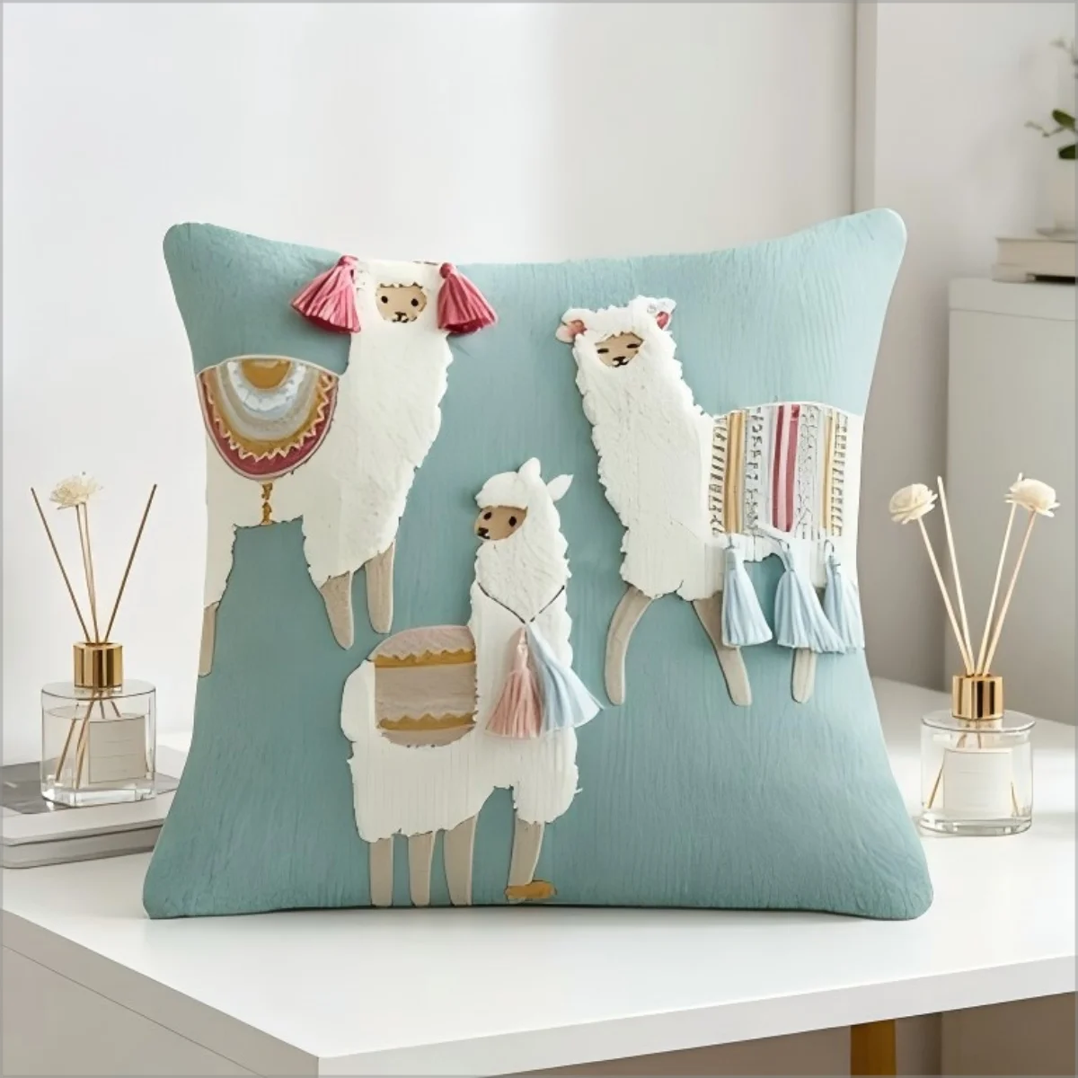 Boho Alpaca Llama  Style Throw Pillow Cover with Tassel - Decorative Pillow Case for Home Decor