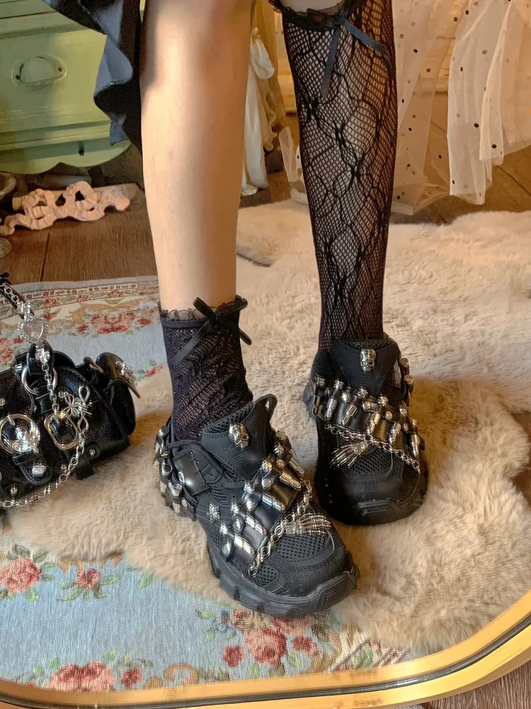 Pinkyo الأصلي الهيكل العظمي المعدني رصاصة سلسلة أبي أحذية الرجعية القوطية الظلام الشرير نمط سميكة سوليد أحذية رياضية