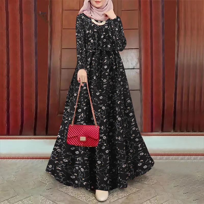 Muslim Abaya for Women Flower Print Dresses Arab Long Robe Lace Up Ramadan Morocco Dubai Abayas Kaftan Islam Vestidos Jalabiya