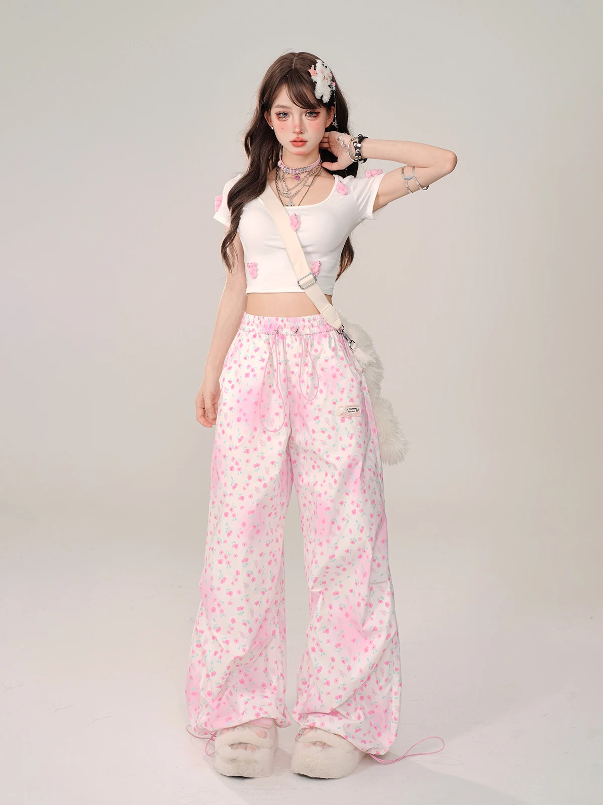 Girly Sweet Y2k Elegant All-Match Printed Wide-Leg Pants Autumn New Korean Fashion Loose Slim Casual Pants Women Pink Mop Pants