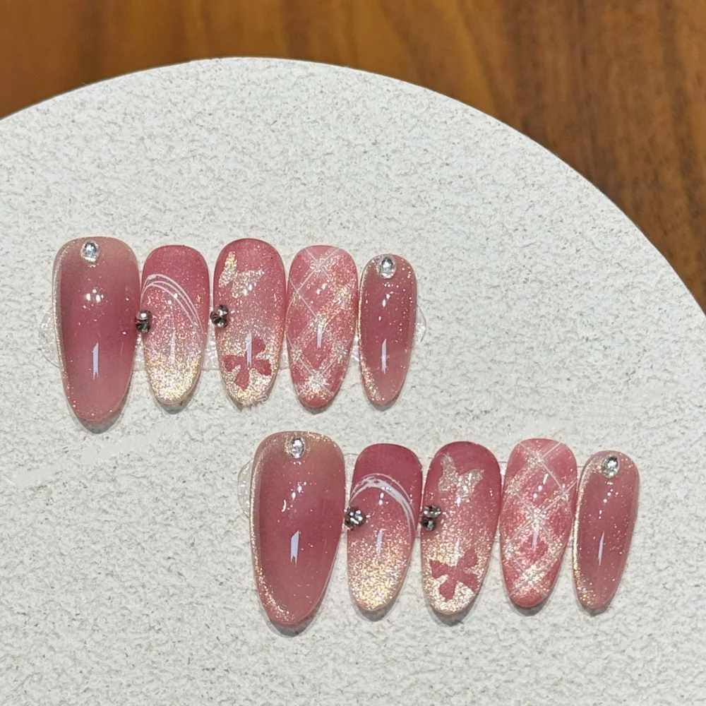 

10pcs Cat's Eye False Nails Tips Datachable Blush Purple Handmade Press on Nails Art with Butterfly Rhinestone Design Fake Nail
