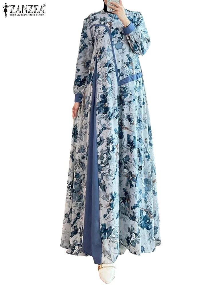 ZANZEA Fashion Patchwork Robe Femme Long Sleeve Floral Printed Sundress Kaftan Women Maxi Dress Muslim Abaya Hijab Vestidos