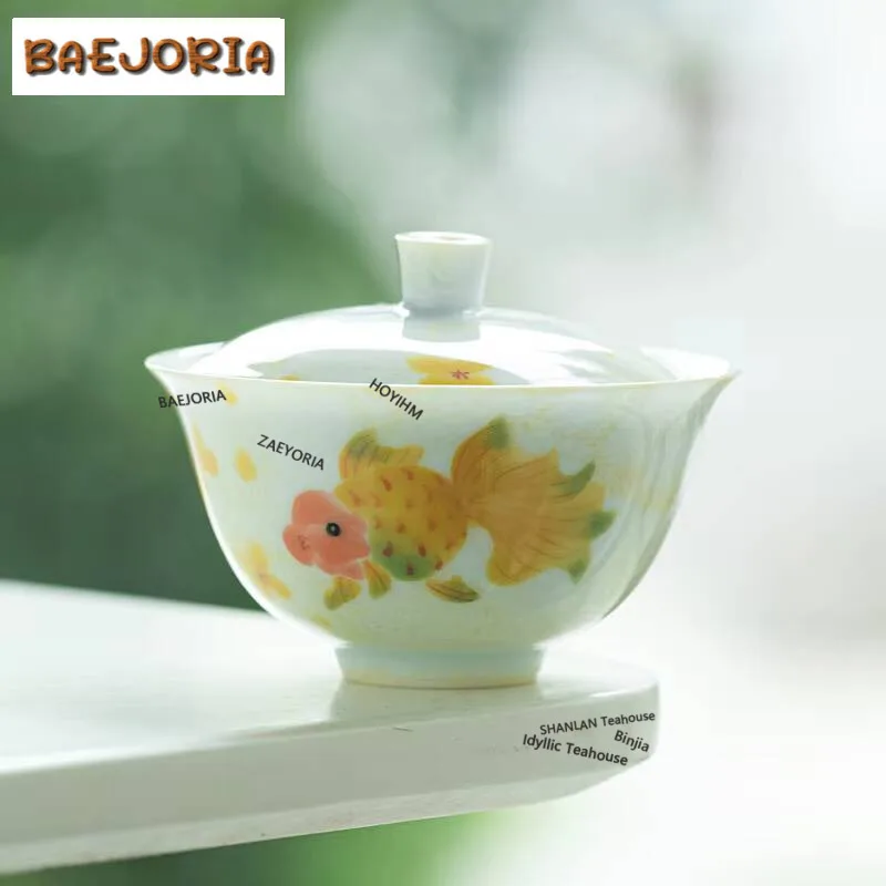 Hand-painted Yellow Longevity Goldfish Gaiwan Creative Tea Tureen Tea Bowl With Lid Kit Tea Making Cover Bowl Tea Set Decoration