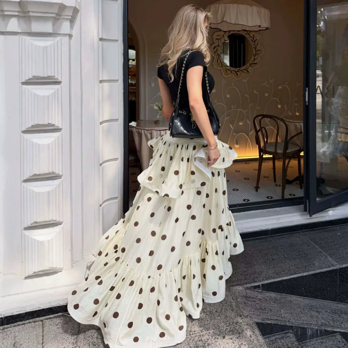 Elegant High Waist Polka Dot Ruffle Skirt Cake Style Slimming Midi Skirt Cross-Border Style Vintage Summer Fashion Women's Sk...