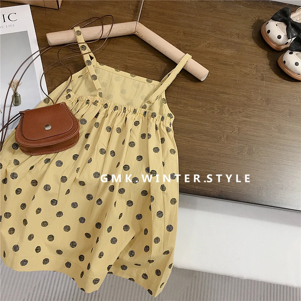 baby Girls' spaghetti strap dress, summer baby girl beach vacation beach children's yellow polka dot dress