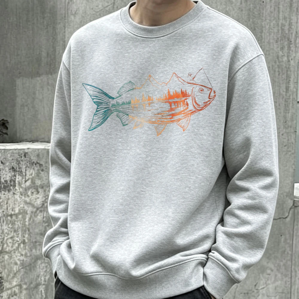 Vintage Gradient Trout Fish Sketch Graphic Crewneck Sweatshirt Outdoor Angler Unisex Long Sleeve Fishing Pullover Sweatshirt Top