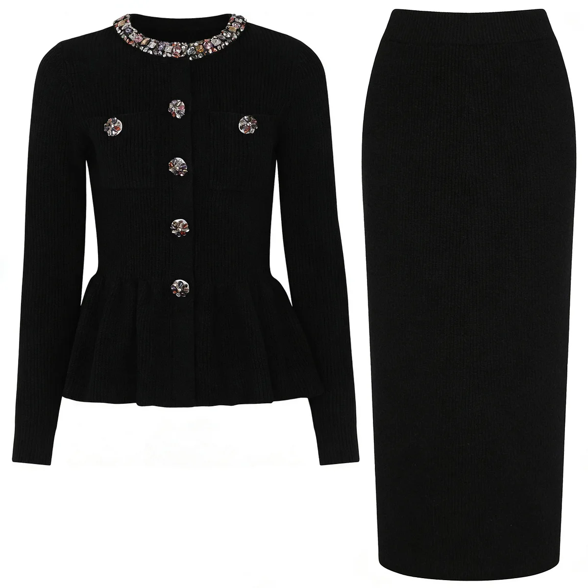 Zjyt elegante outono inverno luxo diamantes cardigans camisola e saia terno 2 peça conjunto de correspondência 2025 roupa feminina moda azul