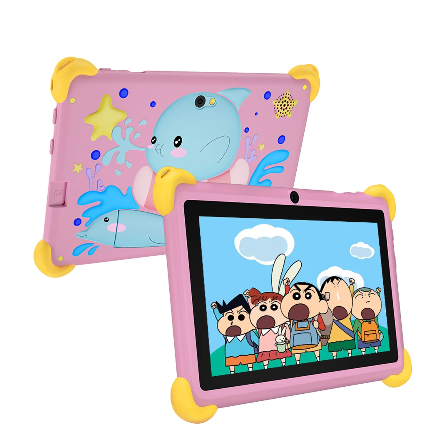 새로운 만화 패턴이 적용된 7인치 구글 태블릿, 옥타 코어 프로세서, 4GB RAM, 64GB ROM, 듀얼 카메라, Wi-Fi 지원, 안드로이드 운영체제, 학습 및 교육용.