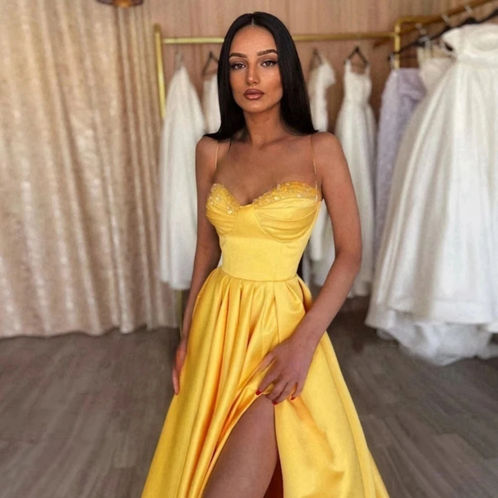 Exquisite A Line Long Evening Dresses For Girls Yellow Formal Strapless Spaghetti Strap Prom Gowns 2023 Homecoming Solid Color