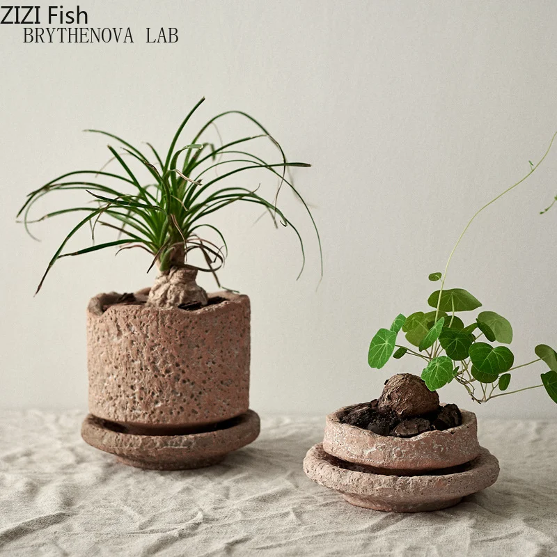 Handmade Ceramic Flower Pot with Base Tray Green Plant Flower Pots Vase Garden Pots Planters Desktop Flowerpot Garden Supplies