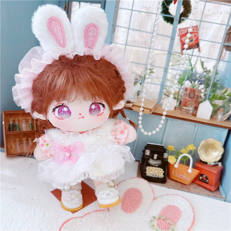 20cm Kawaii Pink Cherry White Skirt Suit 3Pcs Idol Doll Cute Soft Stuffed Baby Cotton Doll for DIY Clothes Accessory Kids Toys