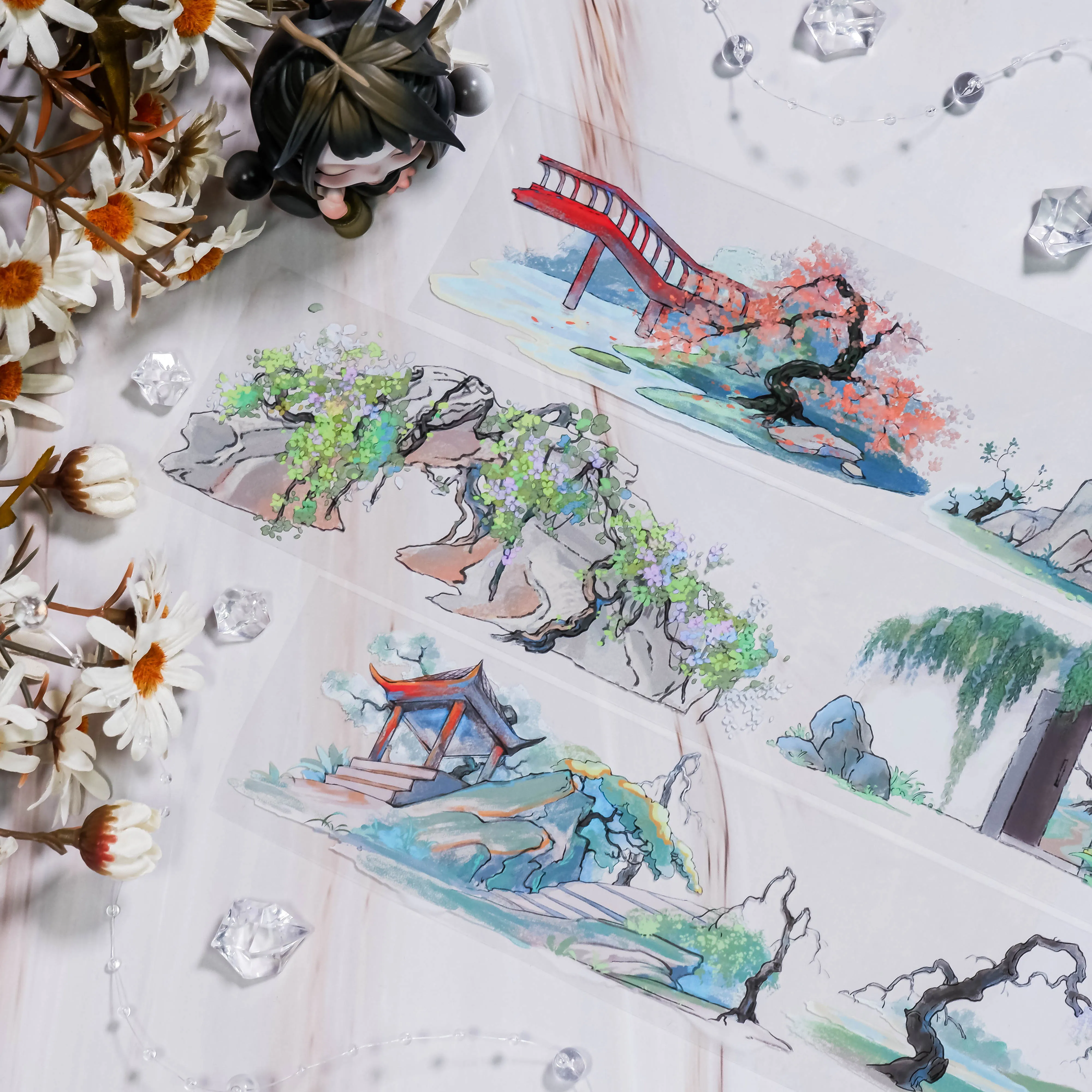 Spring Tape In The Garden PET Garden Landscaping Bridge Dead Tree Pond National Wind Collage Card Diy