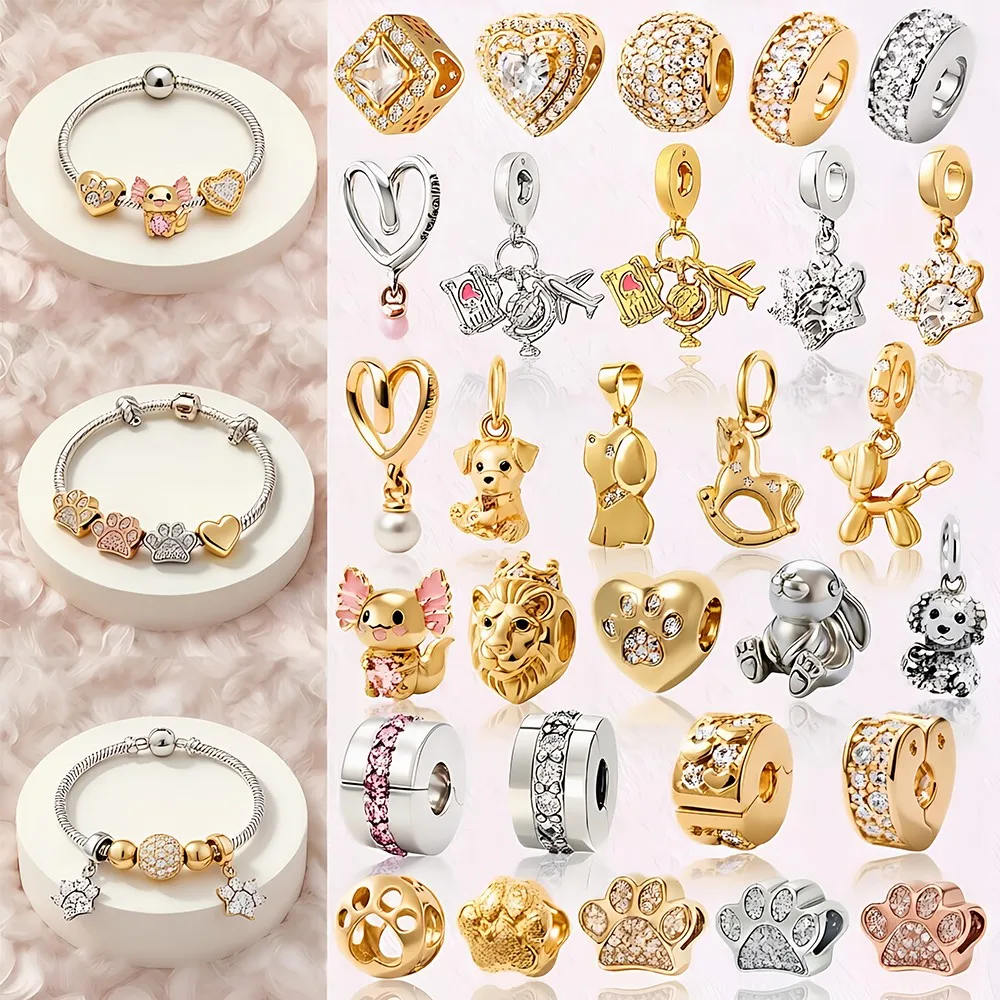 DIY Golden Pet Paw Print Heart-Shaped Sparkling Accessory Pendant Charm Bead Fit Multiple Types Snake Bone Bracelet Jewelry Gift