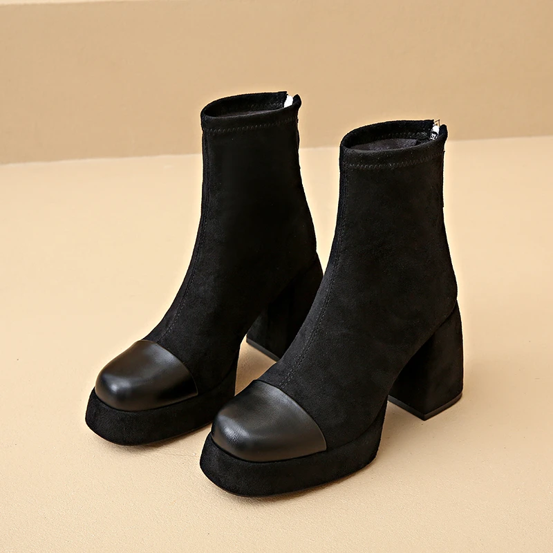 Winter New Style Square Toe Fashionable Back Zipper Thick Heel Women's Boots Suede Elegant Warm Non-slip Women's High Heels image 3