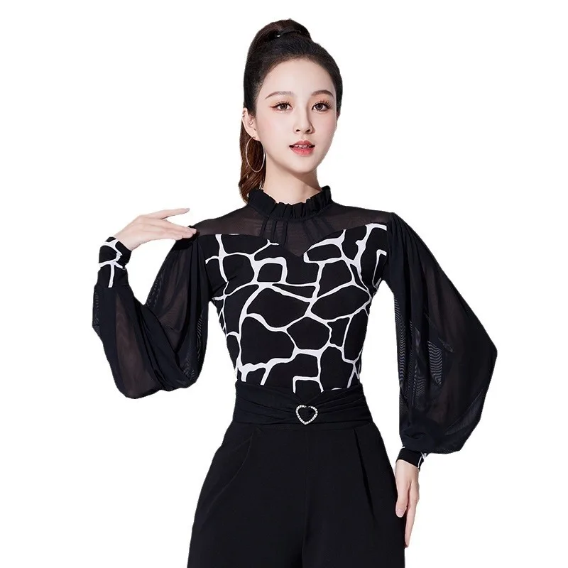 Solid Color Latin Dance Practice Long Sleeves Tops for Prom Line Costume Jazz Lace Patchwork Competition Classical Samba Rompers