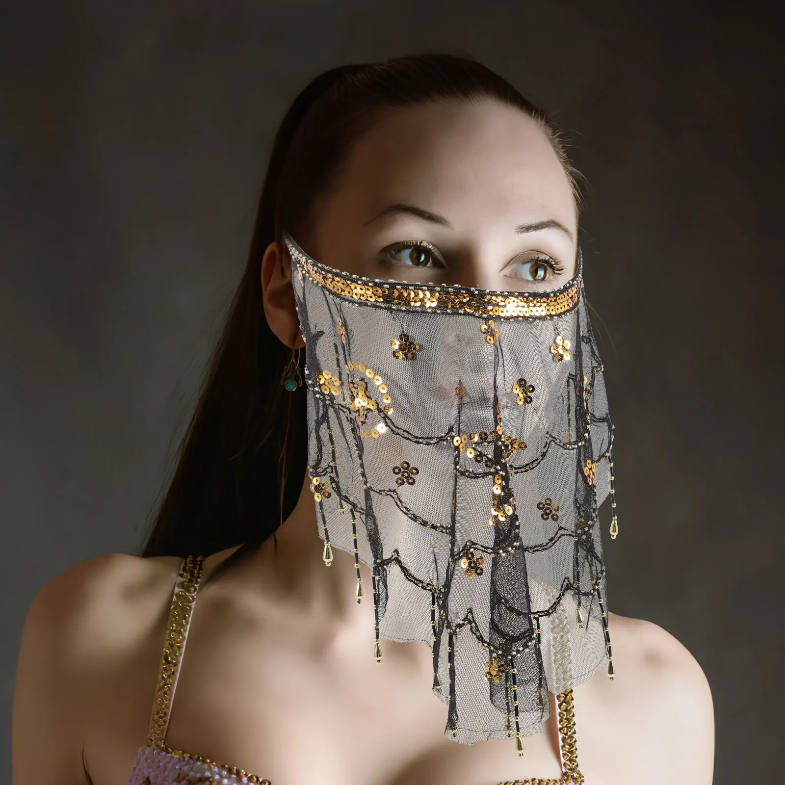 

Premium Belly Dance Veil Mask Gold Beaded Mesh Fabric Exquisite Hand Sewn Flower Design Party Cosplay Masquerade Stage