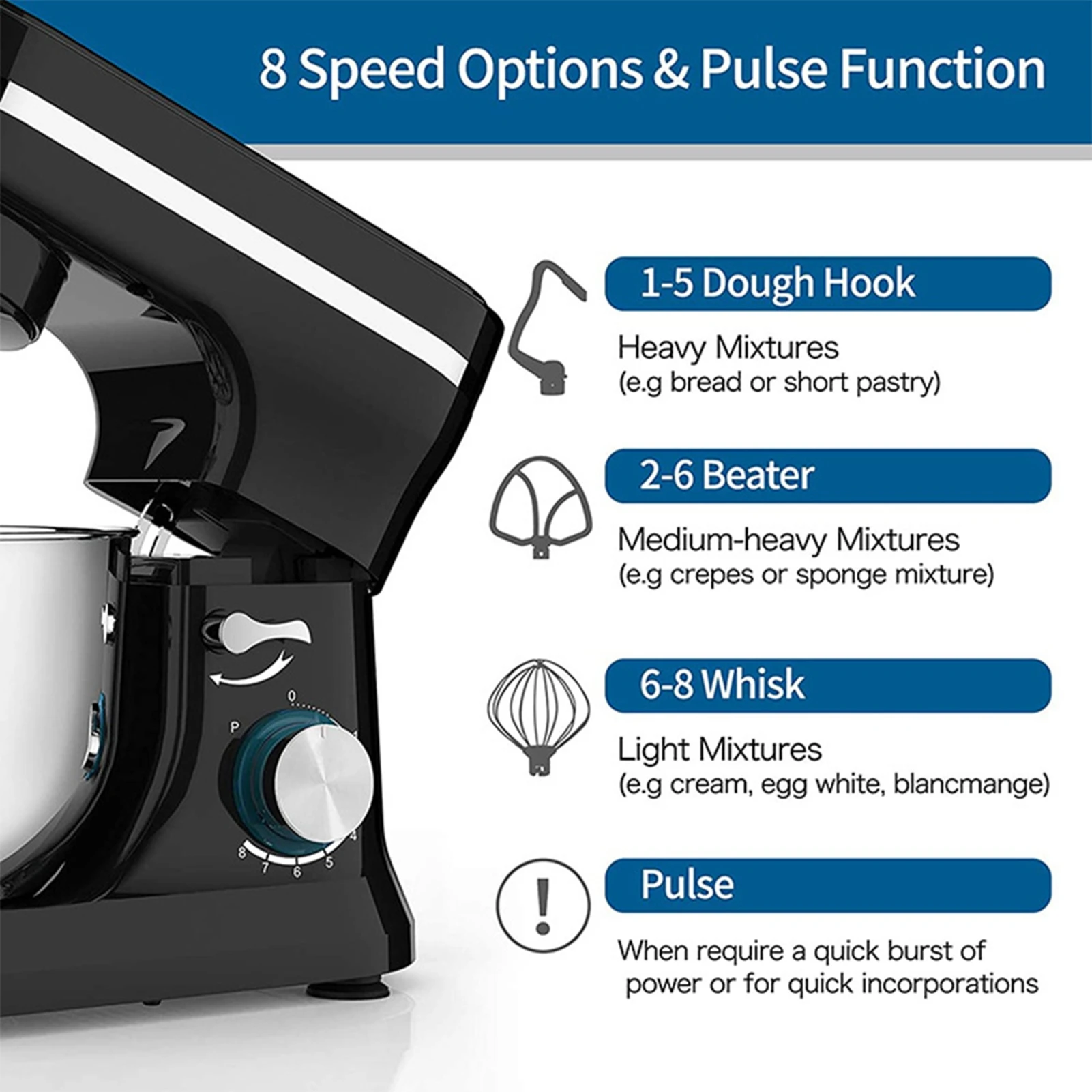 خلاط كهربائي للمطبخ بقدرة 380 وات مع وعاء خلط 4Qt و3 ملحقات 8 سرعات منزلية برأس مائل وخلاط خبز الكيك #5