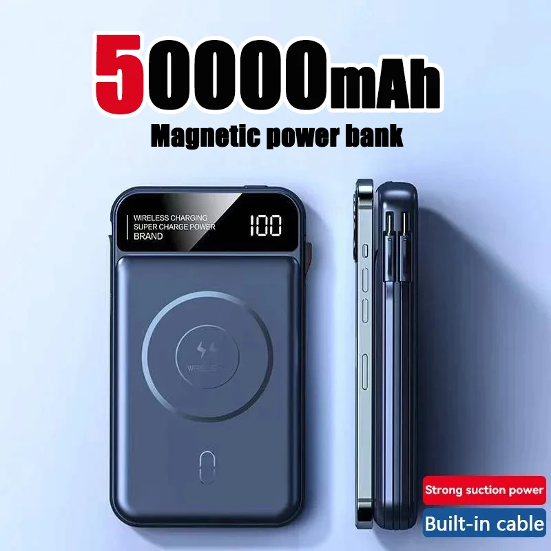 50000mah Magnetic Wireless Power Bank 120W Fast Charging With 2 Built-in Fast Charging Cables For iPhone Samsung Xiaomi