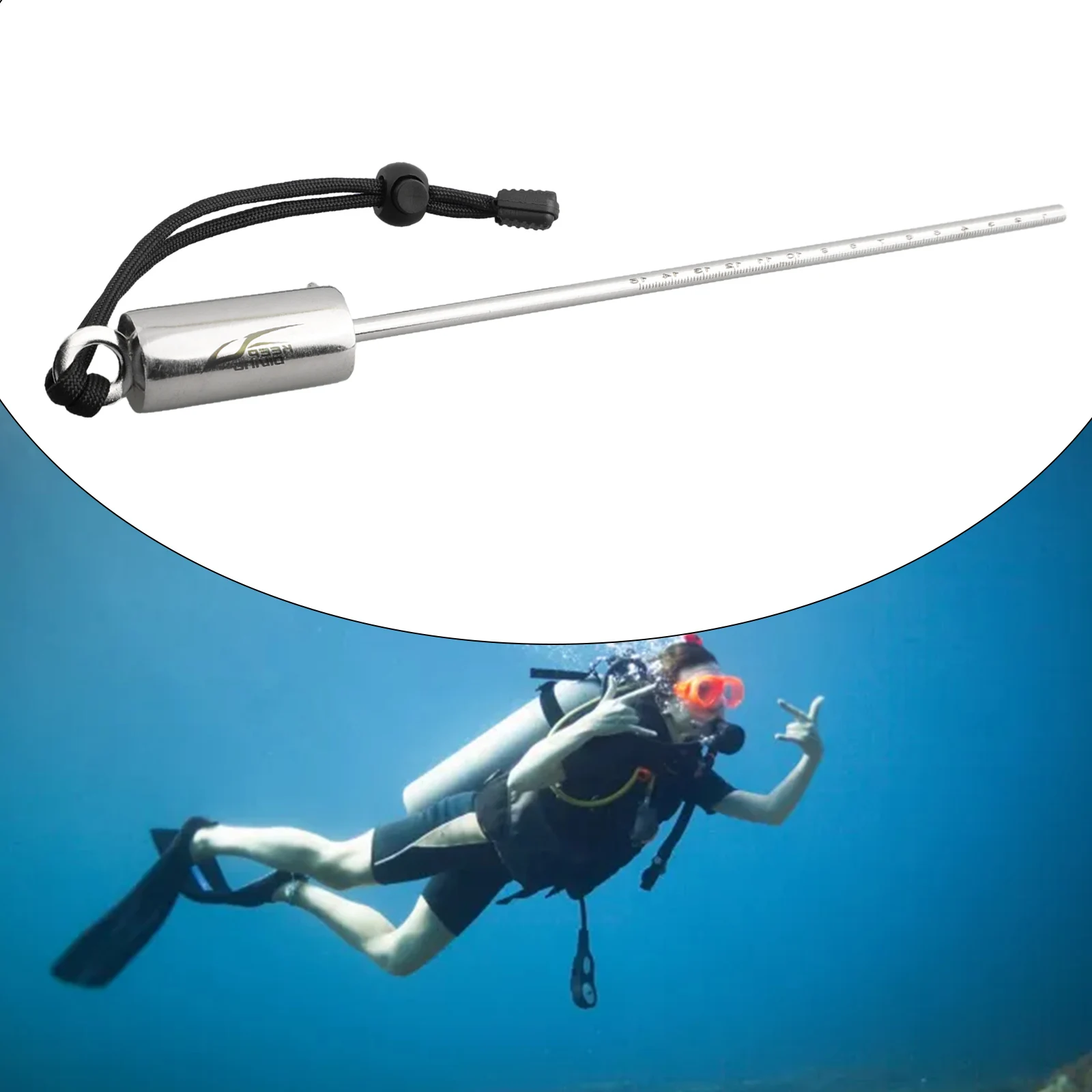 1x Diving Rattle Ding Ding Stainless Steel Underwater Probe With Hand Strap Practical Replacement Diving Pointer Rod Tools