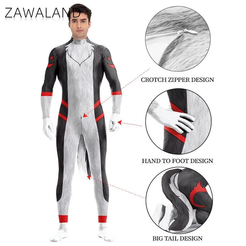 

Костюм Zawaland Wolf: комбинезон для косплея на Хэллоуин, мужской, с 3D-принтом животного, цельный, с хвостом, для карнавальных вечеринок, одежда Zentai