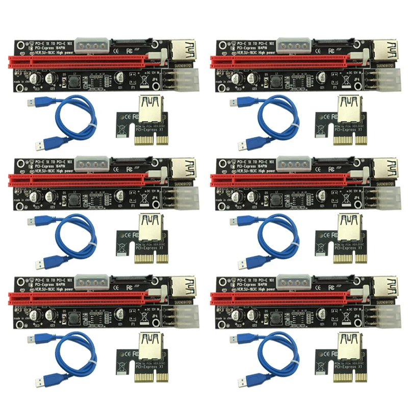 

6 шт., 3 в 1, 4-контактная плата для майнинга Molex PCI-E, 6-контактный переходник SATA 60 см PCIE 1x до 16x PCI Express, Райзер-карта для майнинга биткоинов Antminer