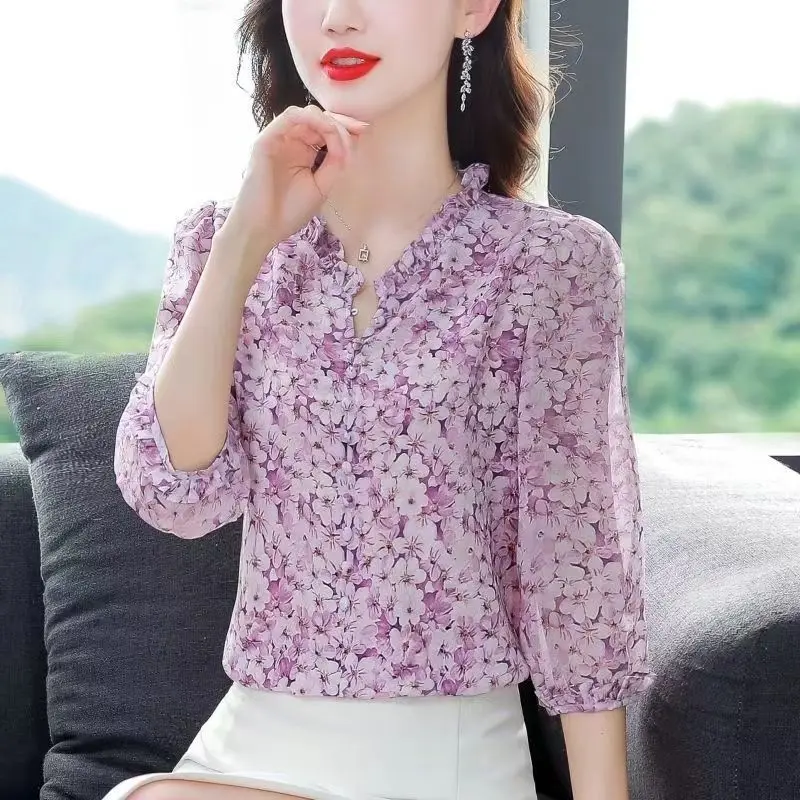 2024 Spring/Summer Women\'s New V-neck Pullover Printed Button Fashion Versatile Loose Middle Sleeve Thin Chiffon Shirt Tops