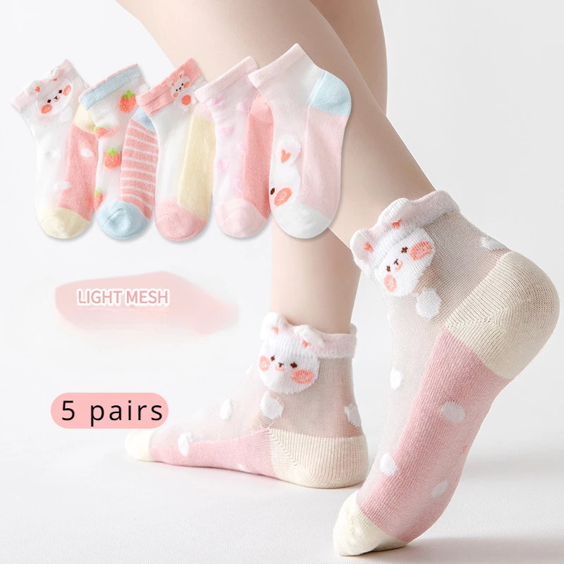 

5Pairs/Lot Summer Soft Cotton Girl Socks Breathable Children Short Ankle Socks Kids Lace Princess Mesh Cartoon Socken