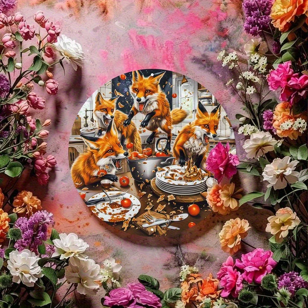 2D Flat - 2D Plane, 1pc 20X20 Cm Round Metal Iron Wall Sign - Fantasy Fox Cooking Comedy Art, Vibrant Kitchen Scene with Pre-Dri