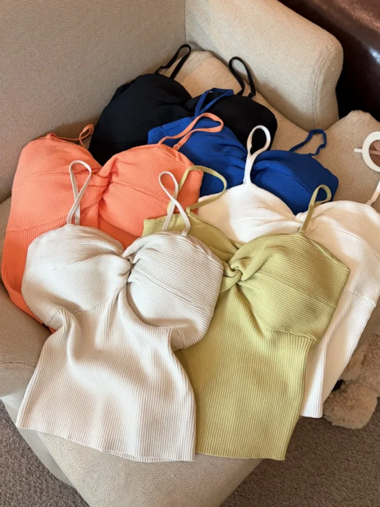 Sexy Spicy Girl Outerwear Knot Strap Vest Women Summer New Style with Chest Pad Bra Integrated Fashion Base Top