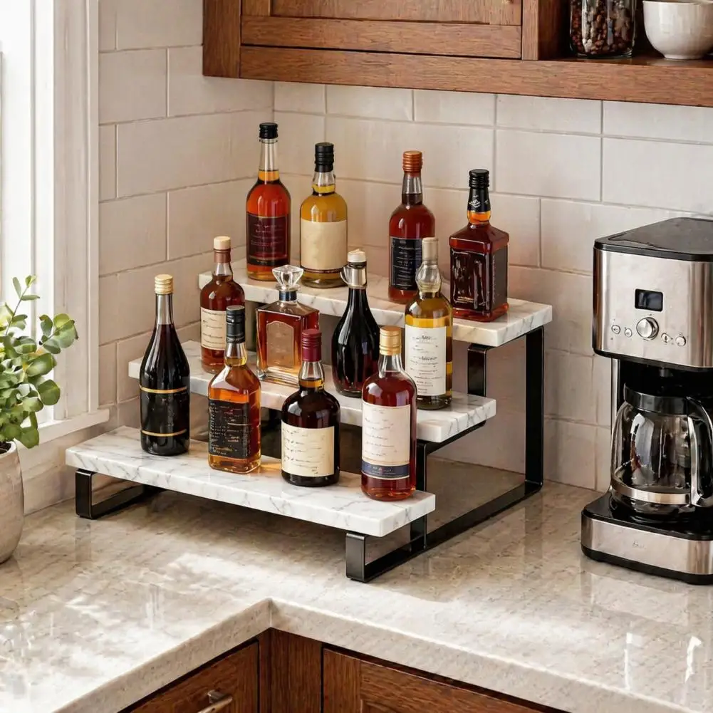Liquor Bottle Display Shelf Stand, Coffee Syrup Rack Organizer, 3 Step Countertop Liquor Wine Rack for Mini Bar Liquor Cabinet view 3