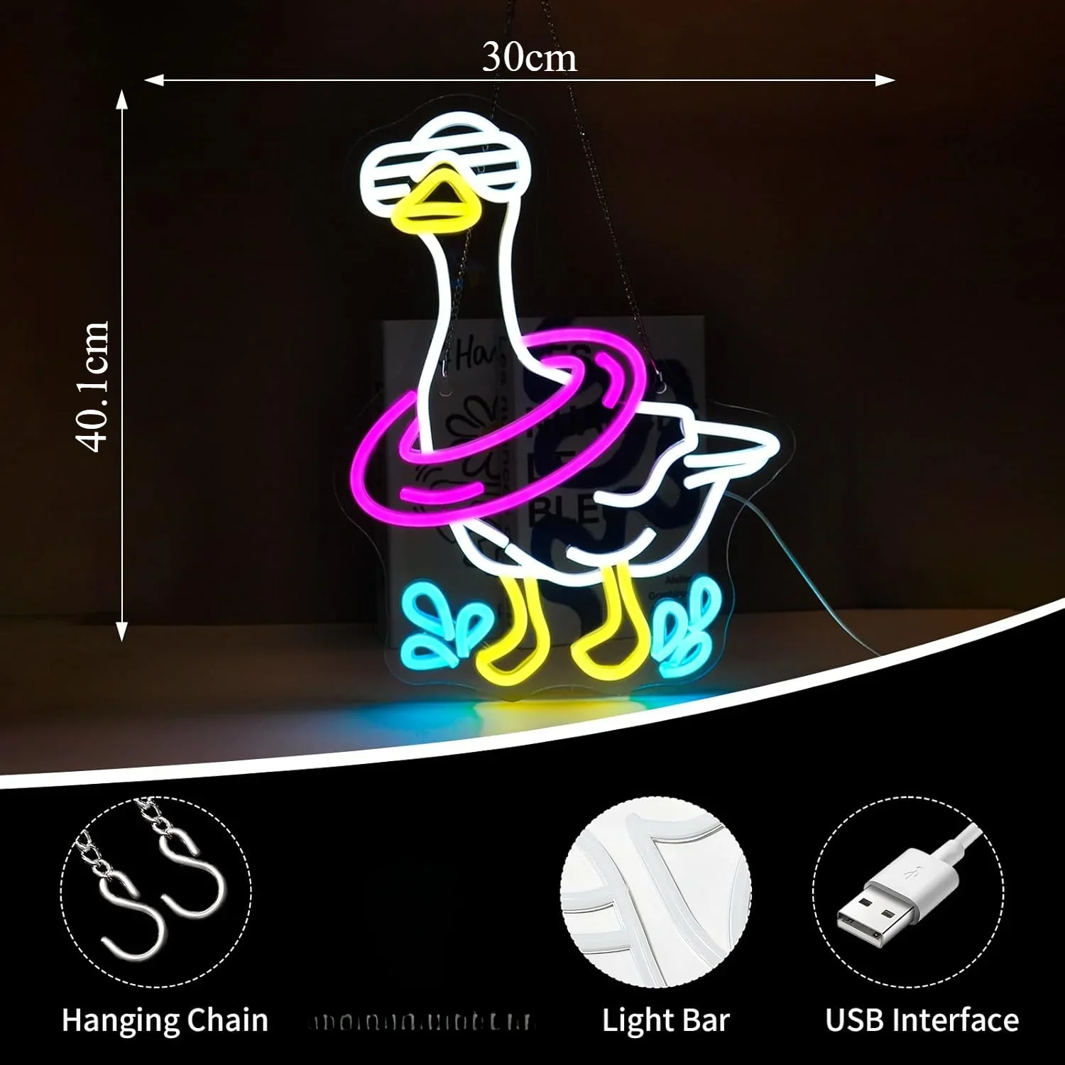 Duck Sunglasses Neon Sign LED Wall Art USB Powered Acrylic Pool Float Glow Funny Summer Aesthetic Bedroom Game Bar Party Decor