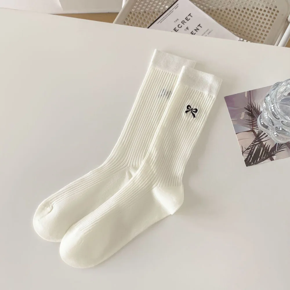 Socks Women Spring Summer Bow Ultra-thin Mid-tube Socks Japanese Casual Solid Color Cotton Breathable Mesh Pile Socks