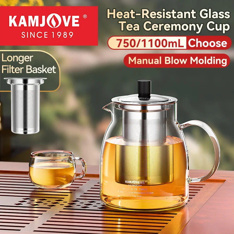 

KAMJOVE термостойкая стеклянная чашка для чайной церемонии с длинной корзиной для фильтра, стеклянное раздельное ситечко для чайника 750 мл/1,1 л