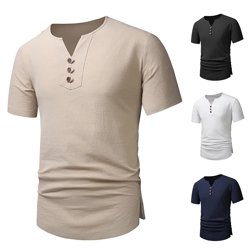 Mens T Shirts Vinatge Solid Cotton Linen Casual V-Neck Button Desinger Beach Work T Shirt Men Boys Tops Camisetas Streetwear Tee