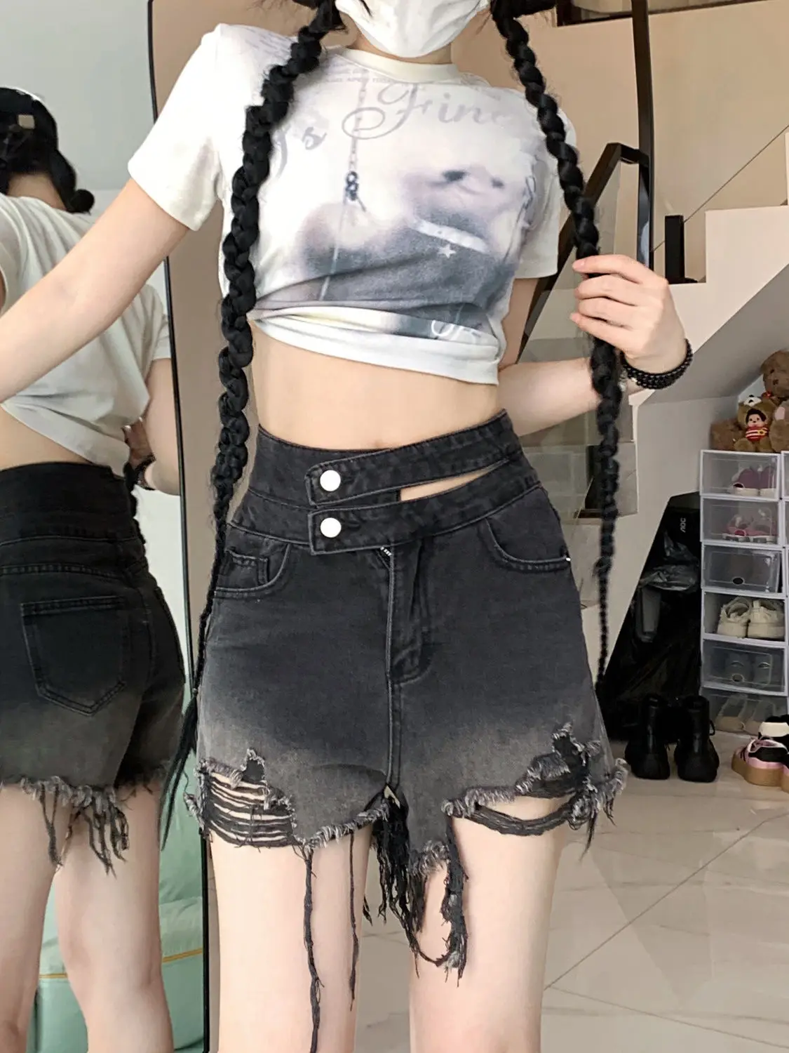 Hot Girl Style Gradient Color Jeans for Women Loose Slim Wide-leg Shorts High Waist Wash Old Pants