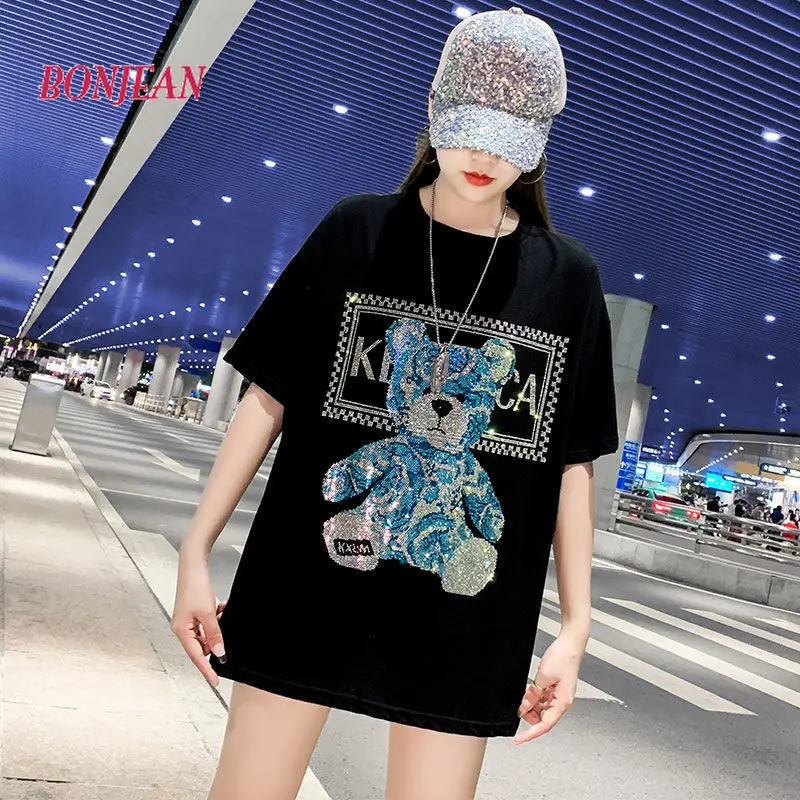 

Y2K Harajuku Beading Plus Size Cartoon Bear T-shirt Women's Summer New Loose Mid-length Fashion Korean Style Top