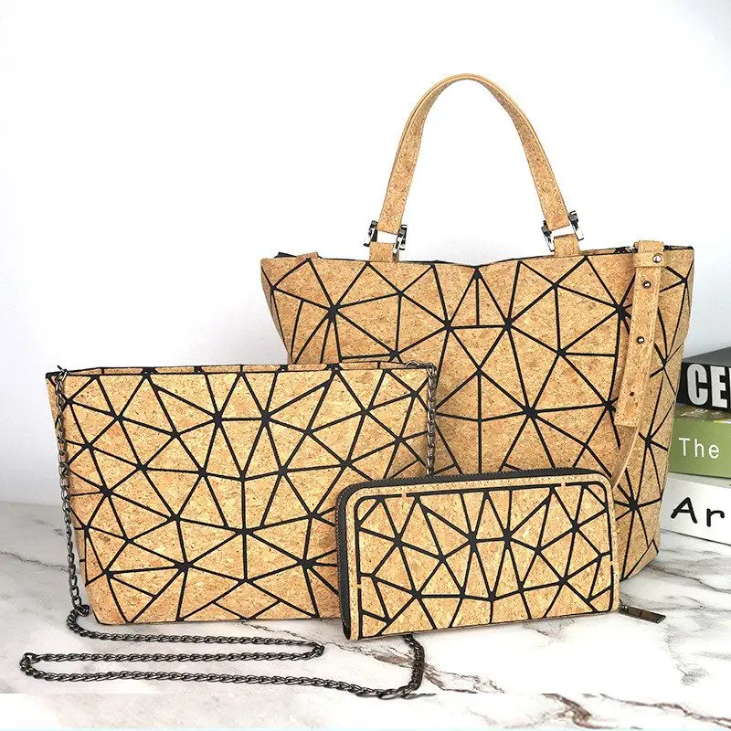 Wood Grain Soft Leather Crossbody Bag Set Three Pieces Geometric Diamond Pattern Shoulder Single Handbag Women's Daily Use